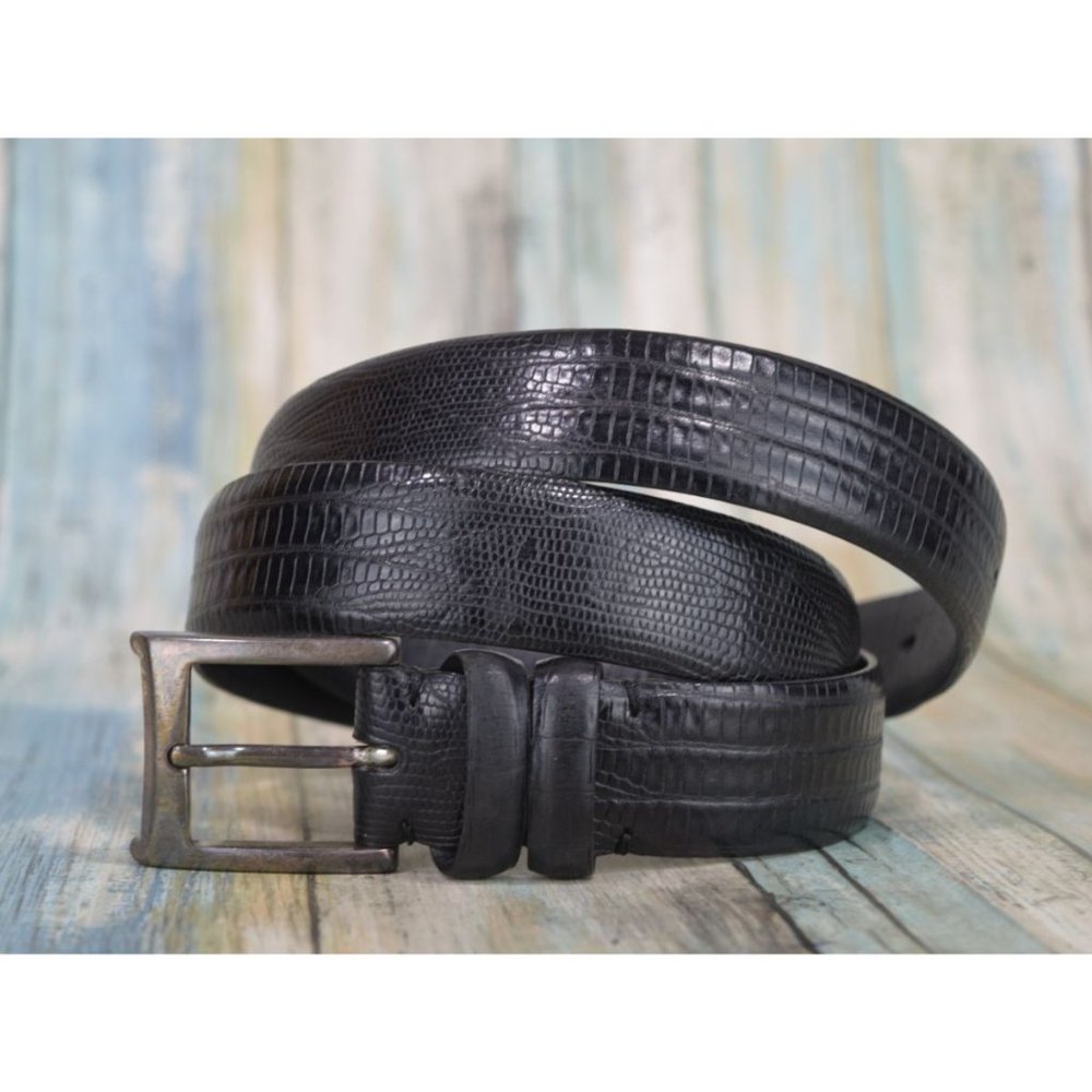 Bill Lavin  Size 38 Black Italian Calfskin Leather Lizard Print Belt USA NICE